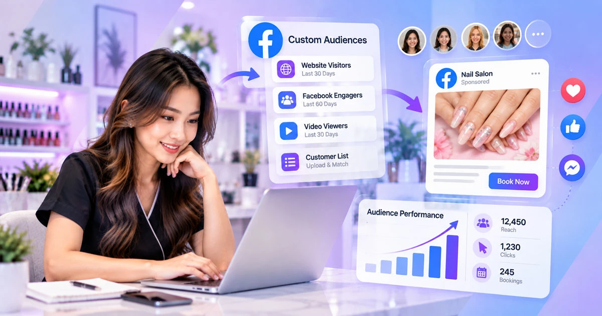 Nail salon owner analyzing Facebook retargeting audiences and website visitor data for advertising campaigns