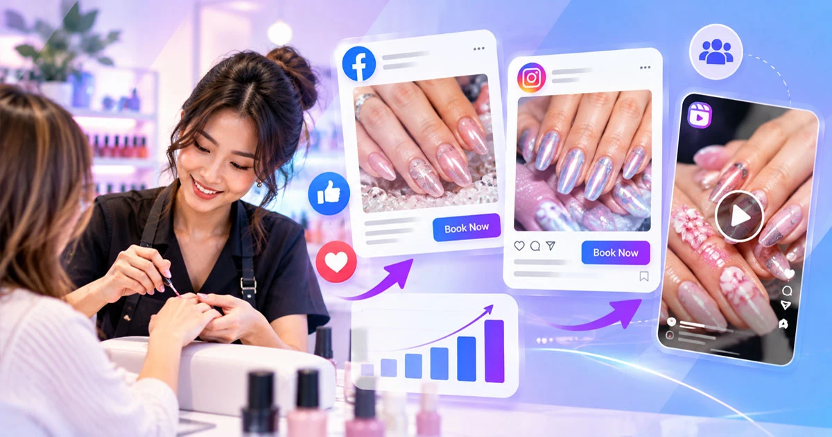 Nail technician showcasing stylish nail art for Facebook retargeting ads promoting nail salon services