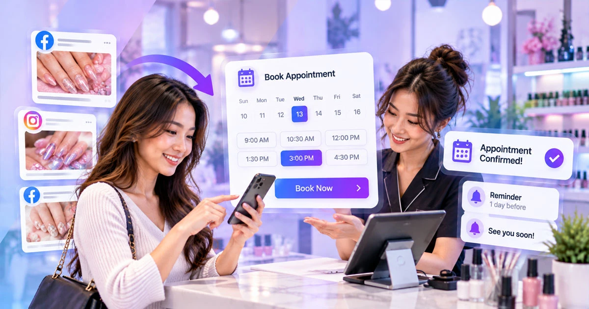 Nail salon customer booking a repeat appointment with staff at a modern salon reception