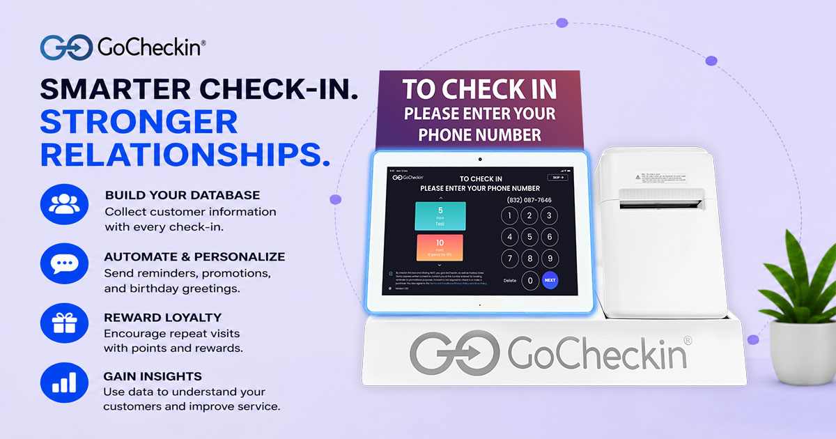 Digital customer check-in kiosk by GoCheckIn for collecting customer information and building a customer database 