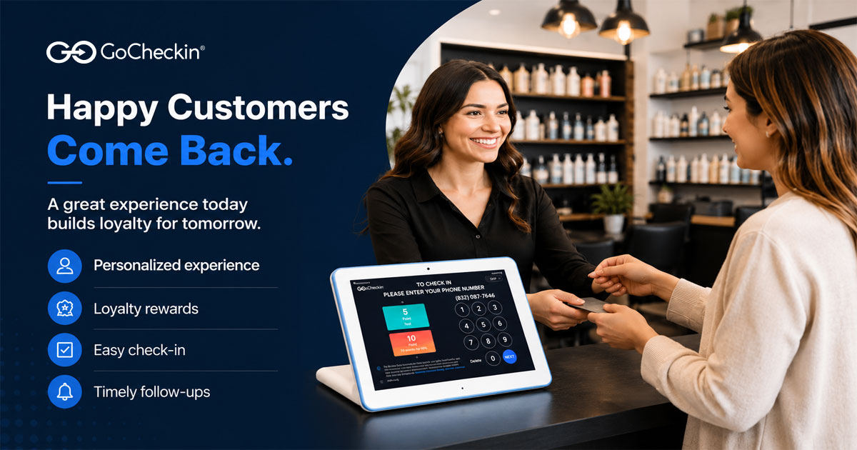 Happy customers using GoCheckIn digital check-in system to improve loyalty and encourage repeat visits.&nbsp;
