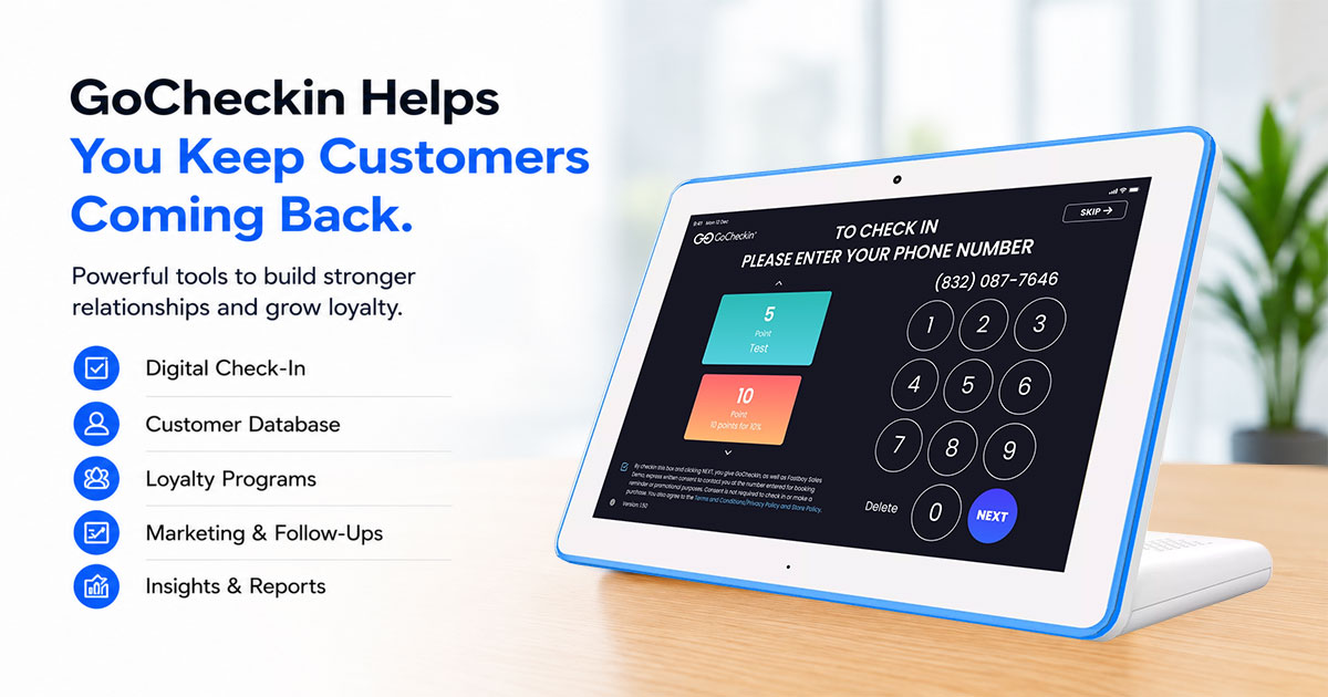 GoCheckIn digital customer check-in kiosk helping businesses collect customer data and increase customer retention. 