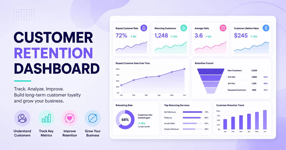 Customer retention dashboard showing repeat customer rate and loyalty metrics