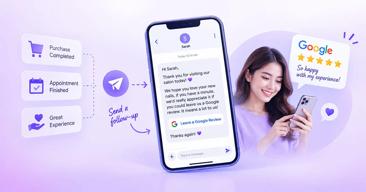 Personalized Google review request sent to a customer after purchase