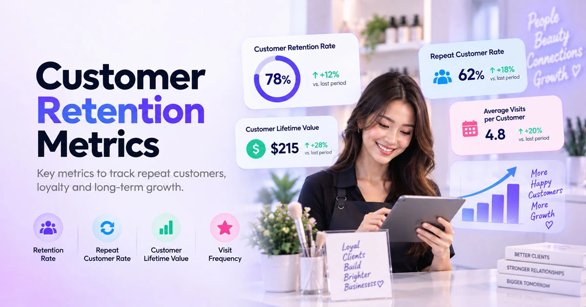 Customer retention metrics including retention rate, repeat customer rate, and customer lifetime value