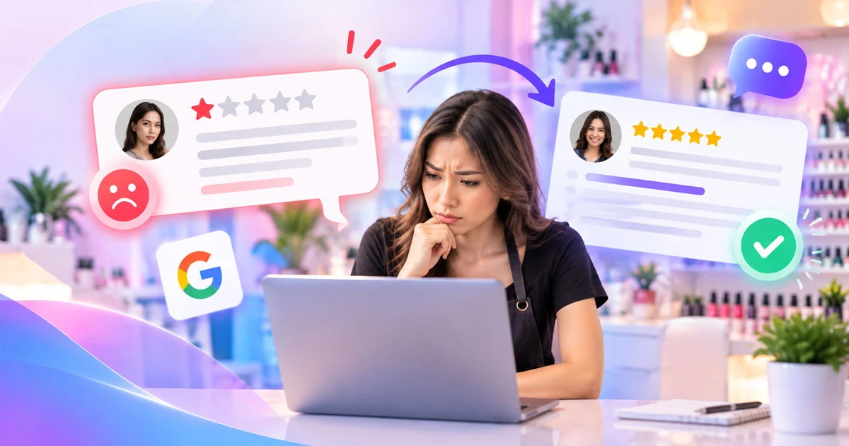 Small business owner reviewing and responding to negative online customer reviews