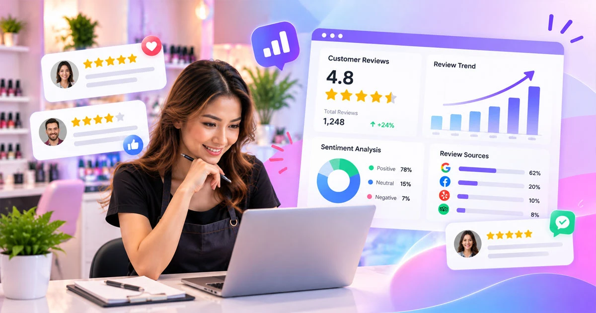 Nail salon manager analyzing customer reviews, ratings, and satisfaction data
