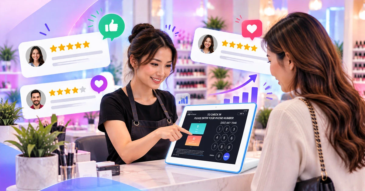 Salon receptionist using a digital check-in system to improve customer experience and service management
